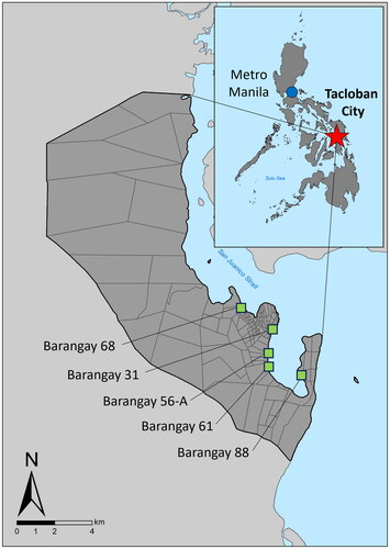 Figure 1. Study location (the Philippines, Tacloban City, and barangays).
