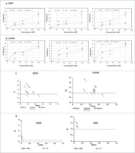 Figure 1. Effect of simultaneous treatment with DAC and DMC on apoptosis induction in leukemia cells. a. CEM leukemia cells were treated with different concentrations of DAC, DMC, and the combination for 48 h and apoptosis induction was quantified as described under methods. The left, middle, and right panels: we used 250 nM, 500 nM, and 1000 nM of DAC in combination with different concentrations of DMC, respectively. b. Jurkat leukemia cells were treated with DAC, DMC, and the combination, similar to the treatment to CEM cells. In all experiments, data represent the mean ± SD for 3 replicates. c. Analysis of the synergistic and antagonistic effects of the combination on apoptosis induction. The combination index (CI) was calculated by CalcuSyn software for dose-effect analysis in CEM cells (left panel) and Jurkat cells (right panel). The combinations used were fixed concentrations of DAC with variable concentrations of DMC (250, 500, 1000 nM). d. Analysis of the synergistic and antagonistic effects of the combination on apoptosis induction in BMNC derived from MDS (left panel) and AML patients (right panel). ‘1′ indicates 100 nM DAC + 250 nM DMC, ‘2′ indicates 100 nM DAC + 500 nM DMC, ‘3′ indicates 250 nM DAC + 250 DMC, and ‘4′ indicates 250 nM DAC + 500 nM DMC. CI values equal to 1 are represented by the dashed line and considered additive, values greater than 1 are antagonistic, and values lower than 1 are synergistic.