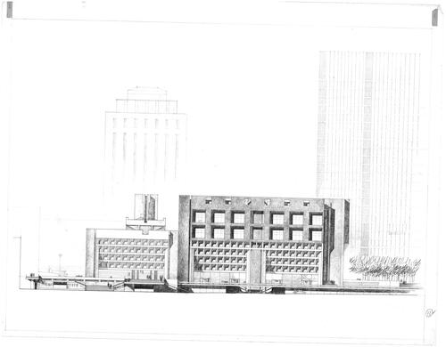 Figure 7. East Elevation, Boston City Hall, competition, stage II, 1962, architects Mitchell/Giurgola Architects in association with David A. Crane & Thomas R. Vreeland Jr. Source: Mitchell/Giurgola (collection coll. 267), University of Pennsylvania Stuart Weitzman School of Design Architectural Archives.