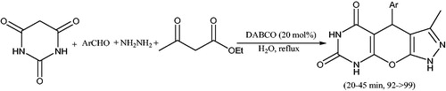 Scheme 55. Synthesis of pyrazolopyranopyrimidines in the presence of DABCO.