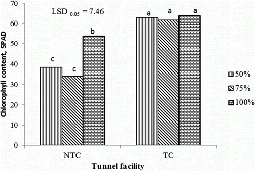 Figure 1.  Interaction effects of tunnel facilities and fertigation on tomato leaf chlorophyll concentration at 70 days after transplanting. NTC, non-temperature-controlled tunnel; TC, temperature-controlled tunnel; 50%, 75%, and 100%, percentage of nutrient concentration; LSD, least significant difference; values marked with the same letter are not significantly different (p > 0.05).