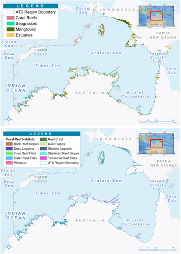 Figure 2. Shallow water conservation features for protection in the Arafura Timor Seas (ATS) Region: coral reefs, seagrasses, mangroves and estuaries (top); and coral reef habitat types (bottom). For data sources see Table 3.