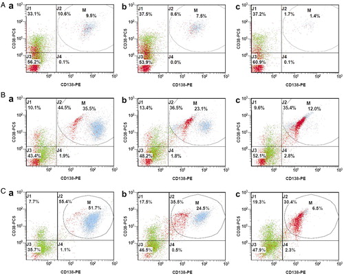 Figure 3. Decrease in the proportion of MM cells after 24 hours of incubation with ATO. Blue/light grey events, MM cells; red/dark grey events, cell debris; a, negative control; b, 2 µM ATO; c, 5 µM ATO. A, MM plasma cell apoptosis for patient no. 16: a = 24.3; b = 18.7; c = 63.3; B, MM plasma cell apoptosis for patient no. 31: a = 26.6; b = 58.0; c = 94.5; C, MM plasma cell apoptosis for patient no. 6: a = 22.2; b = 42.5; c = 97.3.