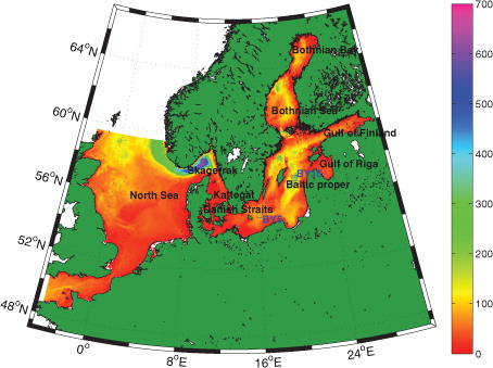 Fig. 1 Model domain, showing depth in metres, names of subregions and the location of the hydrographic stations BY5 and BY15.