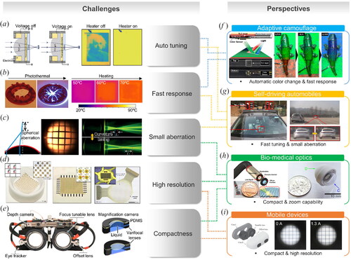 Figure 6. Current challenges and perspectives for bio-inspired tunable optics. Current challenges: (a) auto-tuning for tunable devices,[Citation115,Citation133] (b) fast response for tunable devices,[Citation121,Citation148] (c) small optical aberration of tunable optics,[Citation155,Citation158] (d) high resolution of tunable image sensors,[Citation69,Citation107,Citation159] and (e) compact optical devices.[Citation163,Citation166] Perspective innovations and applications: (f) adaptive camouflage to the background,[Citation116] (g) self-driving automobiles with tuning the f-number,[Citation124] (h) bio-medical optics with magnification capabilities,[Citation129,Citation178] and (i) compact mobile devices for focus tuning.[Citation164]
