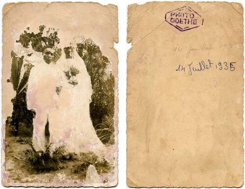 Figures 5 and 6 Portrait of a newly married couple, front and backside. Photographer George E. Goethe, no place, probably Douala, 14 July 1935. Courtesy of African Photography Initiatives (APhI)