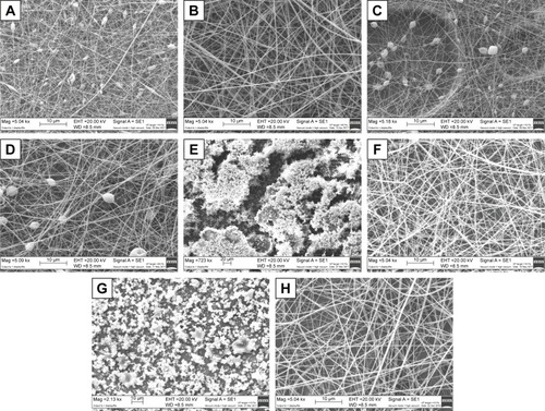 Figure 3 SEM micrographs of (A) D1, (B) D2, (C) D3, (D) D4, (E) D5, (F) D6; (G) D7, and (H) D8 products obtained from electrospinning.Abbreviations: ALG, alginate; D, ALG/DEX-based solutions; DEX, dextran; SEM, scanning electron microscopy.