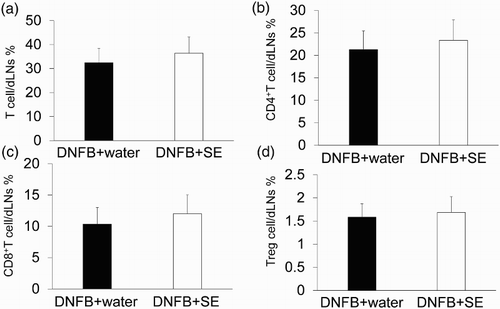 Figure 7. Percentages of T cells, CD4+T cells, CD8+T cells and Treg in dLNs derived from DNFB-challenged mice. T-cell subtype was analyzed by flow cytometry. (a) Percentage of T cell/dLNs. (b) Percentages of CD4+T cell/dLNs. (c) Percentages of CD8+T cell/dLNs. (d) Percentages of Treg/dLNs. Data are means +/– SD, n = 8.