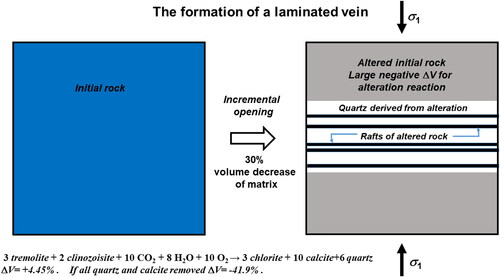 Figure 5. Model for the incremental opening of a laminated vein approximately normal to σ1. Left is the initial undeformed rock composed in this example of tremolite and clinozoisite; the rock mass is subjected to an influx of CO2, H2O and O2. Mineral reaction occurs during deformation producing chlorite, calcite and quartz and an associated volume increase of +4.45%. The mineral reaction proceeds incrementally governed by the rate of supply of fluids and in conjunction with deformation and solution transfer, which removes some or all the SiO2 and CaCO3. These dissolved materials deposit in an opening-mode vein forming at a high angle to σ1 and to accommodate the volume change. The total potential volume decrease in the host material owing to solute transfer is 42%.