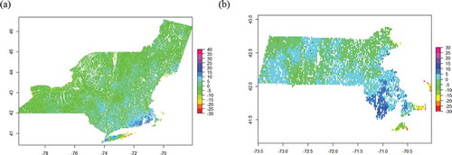 Figure 6. Residual map of land use regression (LUR) model in (a) the U.S. Northeast and (b) Massachusetts. The residuals are emissions that are not related to land use parameters.