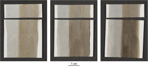 Figure 10. Select control and aged samples of DuoShade pattern 240. The top quarter of each sample is an unaged control. The bottom three-quarters of each sample was aged in different enclosures: buffered paper (left), unbuffered paper (middle), and polyester film (right).