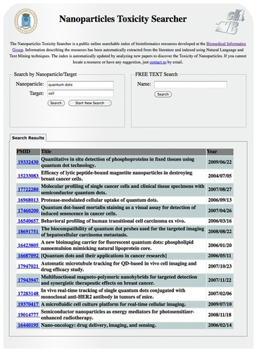 Figure 2 Screenshot of the Nanoparticles Toxicity Searcher, using “quantum dots” as an example.