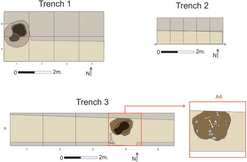 Figure 8. Plan of Trenches 1–3 with funerary pits (design by J.F. Torres-Martínez and M. Galeano, Bernorio-IMBEAC Team).