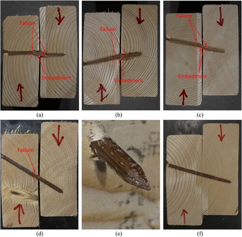 Figure 5. Fracture pattern of the wood nails: (a-c) failure mode A for different nail arrangements, (d) failure mode B, (e) failure mode C, and (f) no failure of the wooden nail.