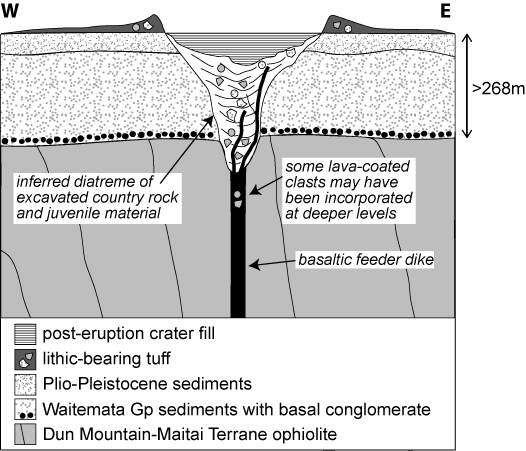 Figure 7 Schematic cross-section of Glover Park volcano illustrating the lithic-bearing tuff ring and underlying diatreme and country rock. Small angular shapes represent lithic clasts. Not to scale.