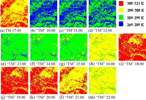 Figure 8. Comparisons between the actual TM and predicted LST (colored). (a) is the actual Landsat TM LST (colored), and (b)–(n) are the predictions (colored) at Landsat spatial resolution (‘TM’) between 10:00 and 22:00 UTC time on 4 September 2010, respectively.