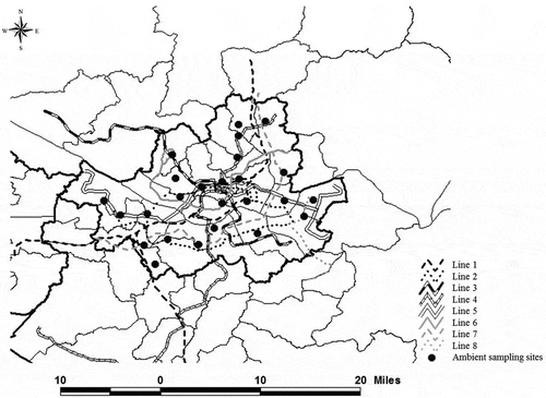 Figure 1. Outdoor PM10 sampling locations and subway service routes in this study.