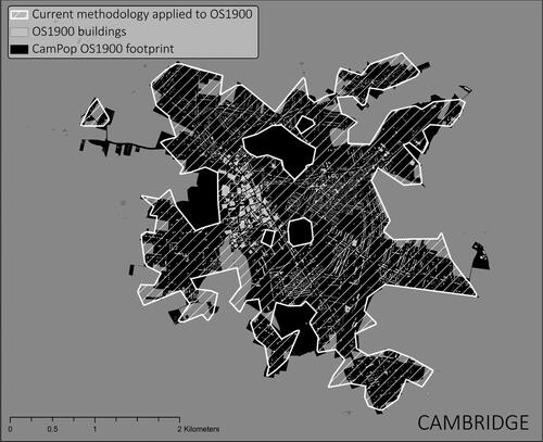 Figure 15. Cambridge’s footprint: manual CamPop detouring in black, algorithmic comparison in gray, buildings from OS1910 in white.