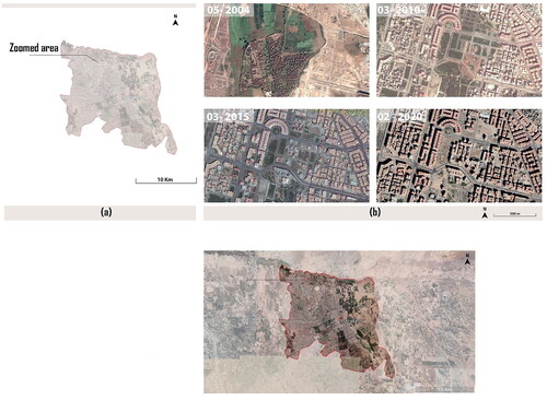 Figure 14. examples of visual comparisons between the accuracy of vegetation classification. (a) Location of the zoomed area in Marrakech City; (b) google earth images for the selected area that demonstrate land use change over the period (2004–2020).
