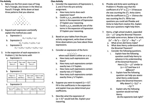 Figure 2. The pre-activity and class activity questions from the binomial theorem lesson.