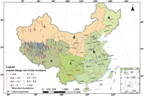 Figure 7. Spatial distribution of lake level change trends in China during 2008–2023 (the lowercase letters indicate the different lake regions shown in Figure 5).