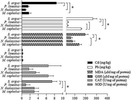 Figure 2. Histogram for liver’s Cd, Pb, MDA, GSH, CAT and SOD of four coastal fish species, * indicates statistical significance. Cd: cadmium; Pb: lead; MDA: malondialdehyde; GSH: reduced glutathione; CAT: catalase; SOD: superoxide dismutase.