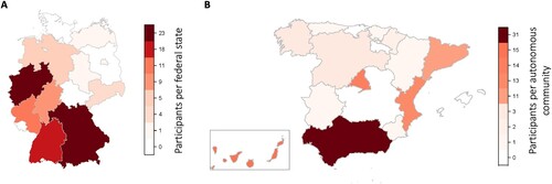 Figure 1. A. Map of Germany showing where participants’ home universities were located. B. Map of Spain showing where participants went to study abroad.