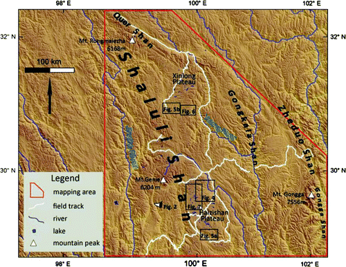 Figure 3. Geography and topography of the study area, including the locations of Figures 2, 4, 5, 6 and 7. DEM from CitationJarvis, Reuter, Nelson, and Guevara (2008), water bodies from United States Geological Survey (http://www.usgs.gov/), and rivers from National Geomatics Center of China (http://ngcc.sbsm.gov.cn/english/about.asp).