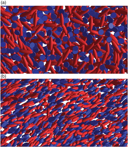 Figure 4. ‘Snapshots’ of individual configurations of the binary mixture (cf., Figure 3) in (a) region II (T=1.20) and (b) in region III (T=0.80), respectively. Ellipsoids of revolution pertain to component a, whereas platelets are mesogens of component b. The shape of the mesogens is exaggerated arbitrarily to improve the visibility of the orientational order in the mixture.