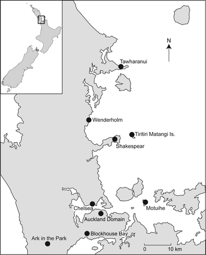 Figure 1  Map of the Auckland region, New Zealand, showing point-count survey sites.