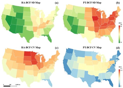 Figure 4. (a) SD map of the RA-model (b) SD map of the PT-model (c) CV map of the RA-model (d) CV map of the PT-model.