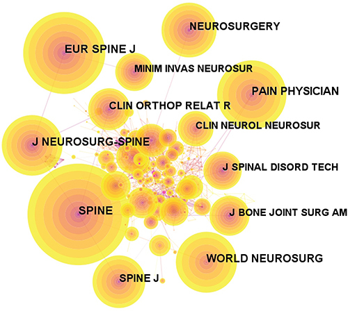 Figure 3 Cited journal map related to PELD for lumbar disc herniation from 2013 to 2022.