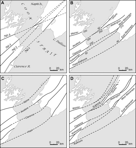 Figure 2 Geomorphic-based interpretations of fault connections across Cook Strait. A, McKay (Citation1892). South Island faults 1: not named; 2: Clarence; 3: Awatere; 4: Wairau. B, Lensen (Citation1958). Numbers are maximum average strike-slip values. C, Suggate (Citation1963). D, Stevens (Citation1974).