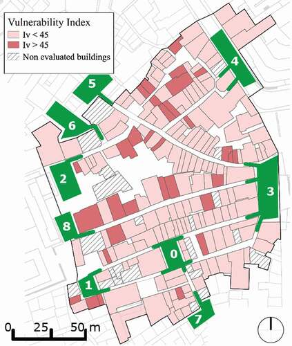 Figure 2. Case study HBE layout: building vulnerability and position of gathering areas (in green, including identification code).