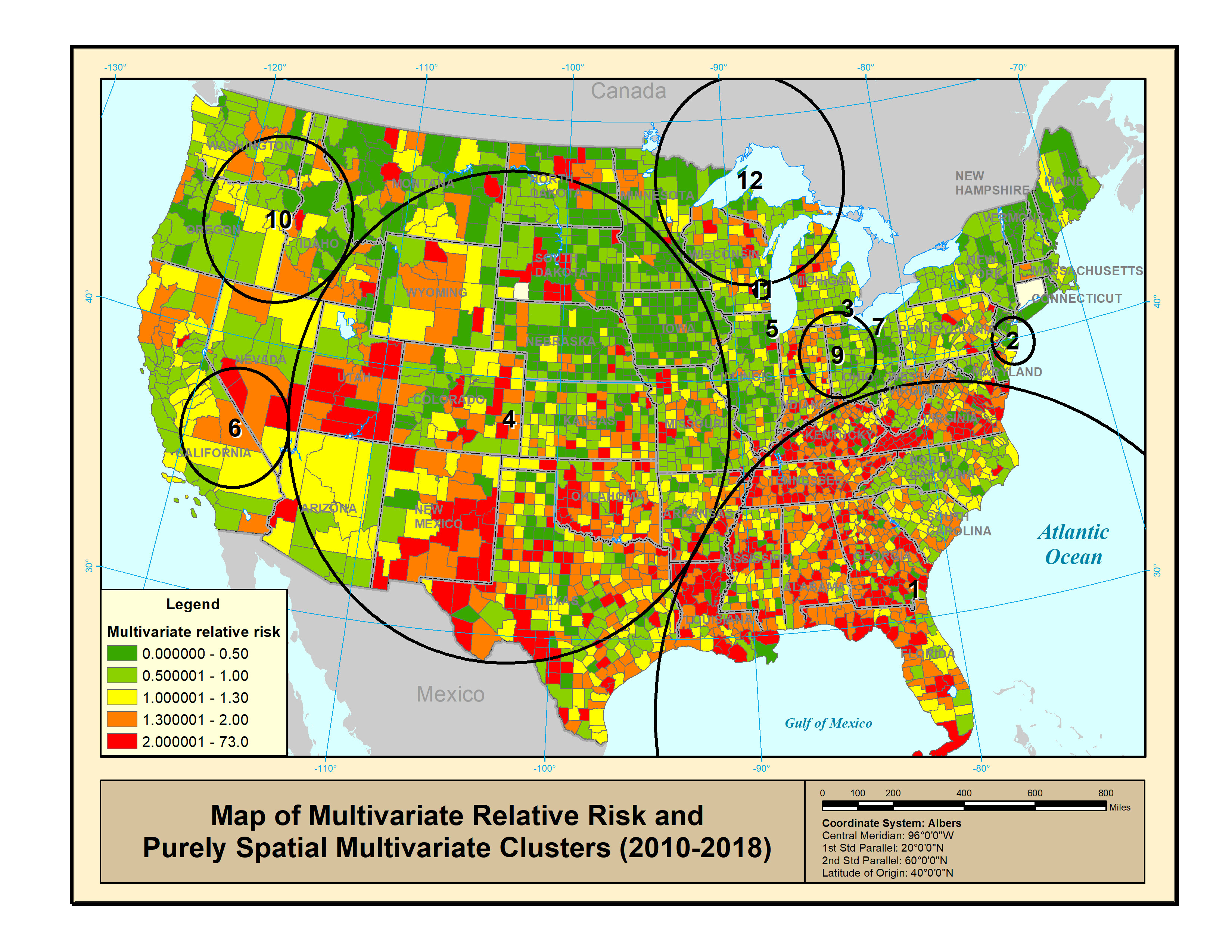 Figure 5: Purely spatial multivariate clusters of jail population, poverty, Republican vote, and Black population.