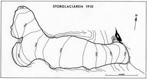 Figure 1  Stylized map of the Storglaciären in North Sweden in 1910 with no timescale. Source: Bolin Center for Climate Research, Swedish Glaciers (https://bolin.su.se/data/svenskaglaciarer/glacier.php?g=69). Map based on a photograph by Fredrik Enquist (1910).