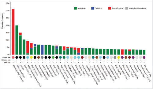 Figure 1. RET alteration frequencies across cancers. Mutation and copy number alteration frequency is displayed for cancers with at least three percent RET alteration (modified from cBioPortal).