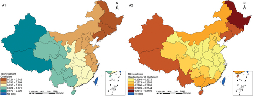 Fig. 3 Spatial heterogeneity for coefficients of TB investment impacting on TB prevalence (A1: coefficient; A2: standard error of coefficient).