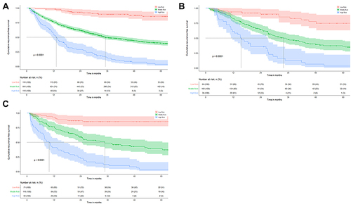 Figure 4 The risk stratification of the XGBoost Model. (A) The training set; (B) the internal validation set; (C) the external validation set.