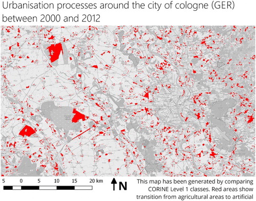 Figure 10. A thematic map showing urbanisation processes around Cologne (Germany). The information product was generated with the same physical dataset than Figure 8 but applying a different world model. The basemap is copyrighted by OpenStreetMap contributors and available from https://www.openstreetmap.org/.