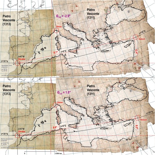 Figure 10. The composite of Pietro Vesconte’s portolan chart (1311) and the western sheet from his 1313 atlas georeferenced to the close approximation of the Ptolemy I projection (the upper part) and on the close approximation of the Ptolemy II projection (the lower part) if λ = 6°W (near Gibraltar) is set as their central meridian. Chart sources: Archivio di Stato di Firenze, CN 01; Bibliothèque nationale de France, CPL GE DD-687 (RES). Basemap shapefile source: marineregions.org (Claus et al., Citation2017).
