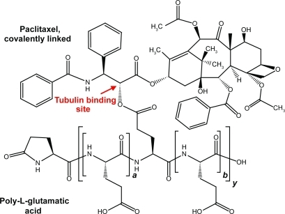 Figure 1 Schematic representation of PPX. The structure shown is illustrative of a fragment of the molecule, but specific conjugation sites are not implied. On average there are approximately 10.4 non-conjugated monomer glutamic acid units (a + b) for every molecule conjugated to a paclitaxel molecule (y). The a-poly-L-glutamic degree of polymerization and the number of conjugation sites with paclitaxel are variable within the drug substance’s specifications.