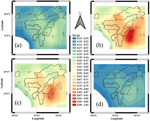 Figure 8. Spatial variation in mean seismic hazard level for 10% probability in 50 years for SC A. (a) PGA (b) Sa at 0.1 s (c) Sa at 0.2 s (d) Sa at 1 s.