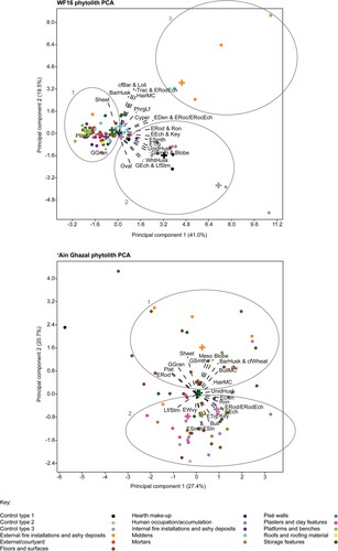 Figure 6. PCA bi-plots of the first two principal components (PCA1 vs. PCA2) for the WF16 and ‘Ain Ghazal phytolith data. The PCAs were conducted on normalised values using a correlation matrix with between group distinctions optimised.