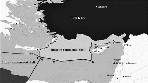 Figure 1. Demarcation of the maritime boundary according to Ankara’s version and GNA headed by Sarraj
