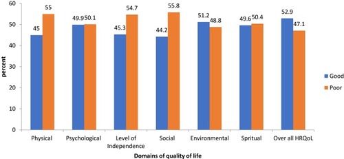 Figure 1 Magnitude of quality of life dimensions among participants at public health facilities of Arba Minch town, Ethiopia, 2019 (N=391).