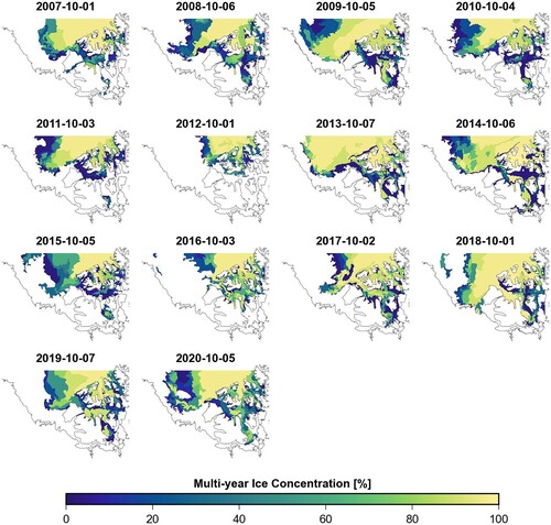 Fig. 7 Spatial distribution of MYI concentration on the first Canadian Ice Service ice chart in October from 2007 to 2020.