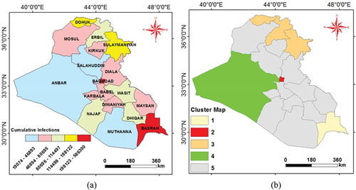 Figure 4. The coronavirus in Iraq; (a) infections, and (b) cluster map.