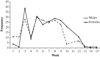 Figure 4 Number of adult Lasiorhynchus barbicornis emerging from karaka logs between 11 December 2012 and 4 April 2013.