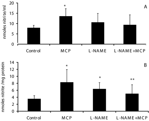 Figure 3.  Nitric oxide levels in plasma and muscle mitochondria of control, monocrotophos (MCP), L-NAME, and L-NAME + MCP treated rats. Nitrate, the stable end product of nitric oxide was measured (as nitrite) in plasma (a) and mitochondrial samples (b) from control, MCP treated, L-NAME, and L-NAME + MCP treated animals. Values are mean ± SD of nine control and six rats in all other groups. *p < 0.05 compared to Control. **p < 0.05 compared to MCP.